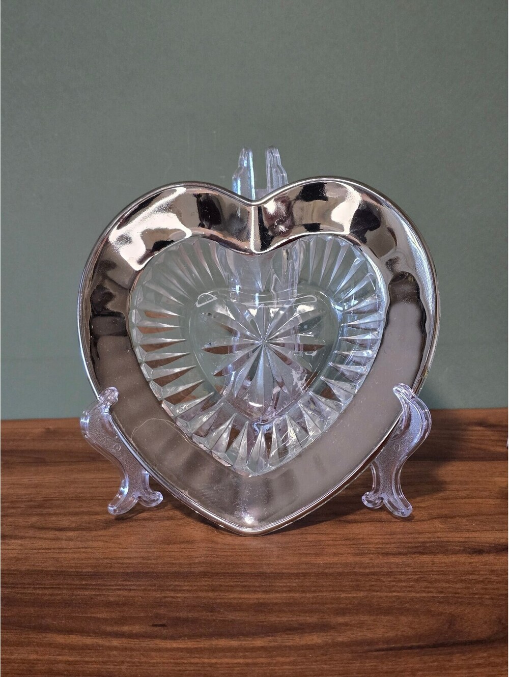 Vintage Silver Rim Crystal Glass Heart Candy Dish Vanity Trinket Bowl